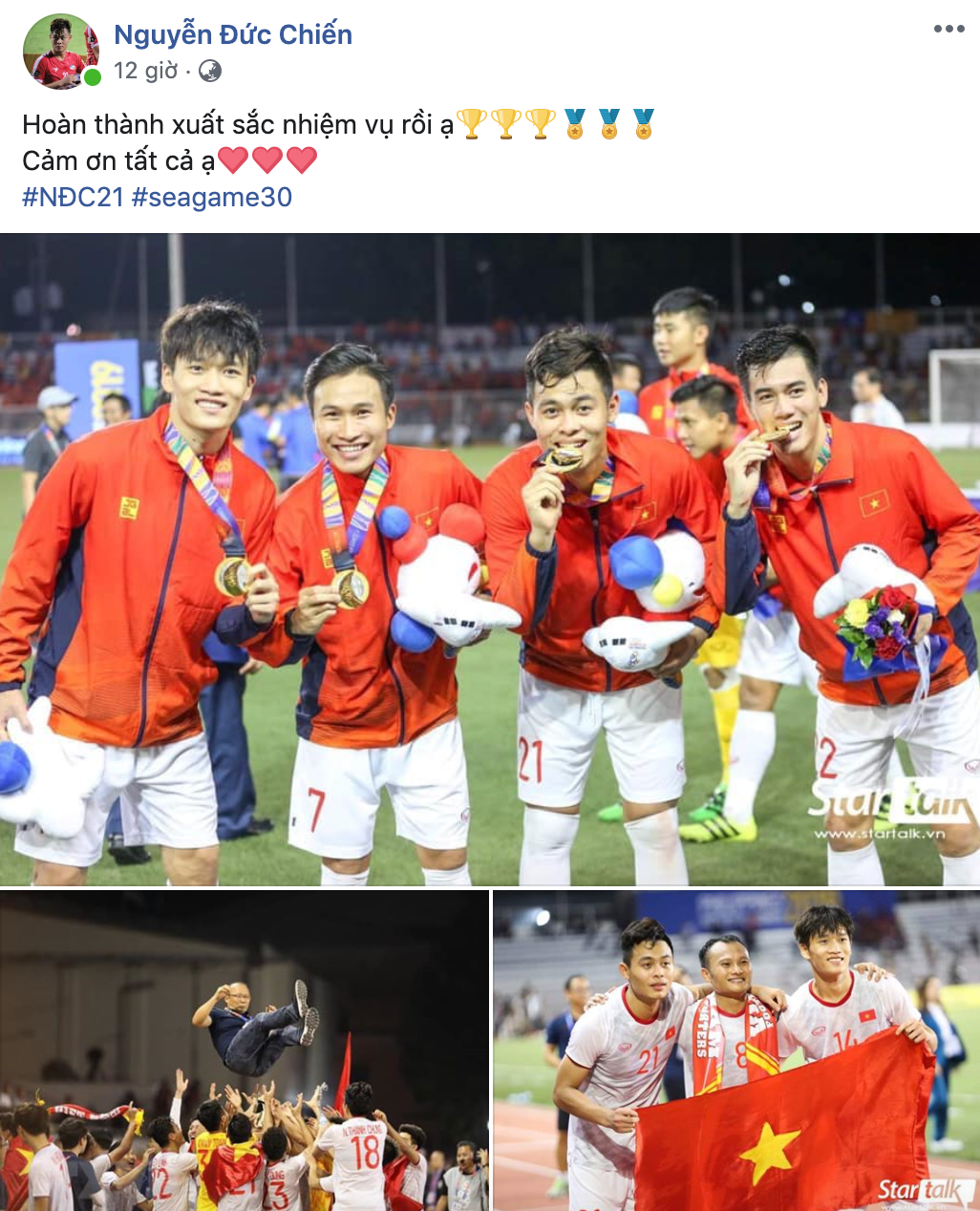 Dù không ghi được bàn thắng nào tại SEA Games 30 nhưng Đức Chiến là một trong những cầu thủ nổi bật của U22 Việt Nam khi làm tốt nghiệm vụ ở tuyến giữa. "Thánh thả thính" hôm nay đã bớt thả thính mà thay vào đó là lời cảm ơn chân thành tới mọi người.