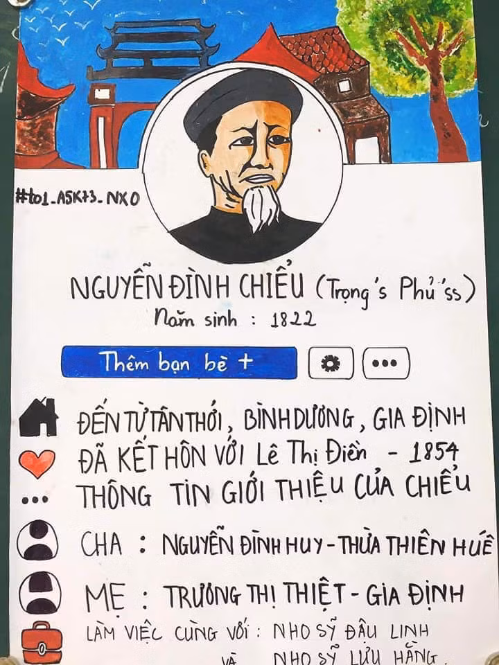 Theo đó, nhóm học sinh đã vẽ trang Facebook cá nhân cho nhà thơ Nguyễn Đình Chiểu với hình ảnh và nội dung ấn tượng, dễ ghi nhớ trong tiết học tác phẩm Văn tế nghĩa sĩ Cần Giuộc.