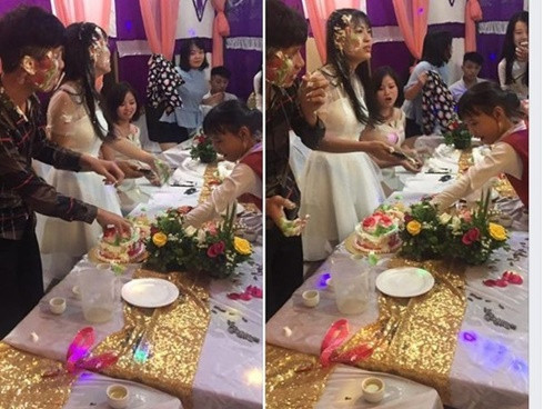 Trước đó, cũng từng có hình ảnh cô dâu bị đám bạn đáp cả chiếc bánh cưới vào mặt vô cùng hài hước.