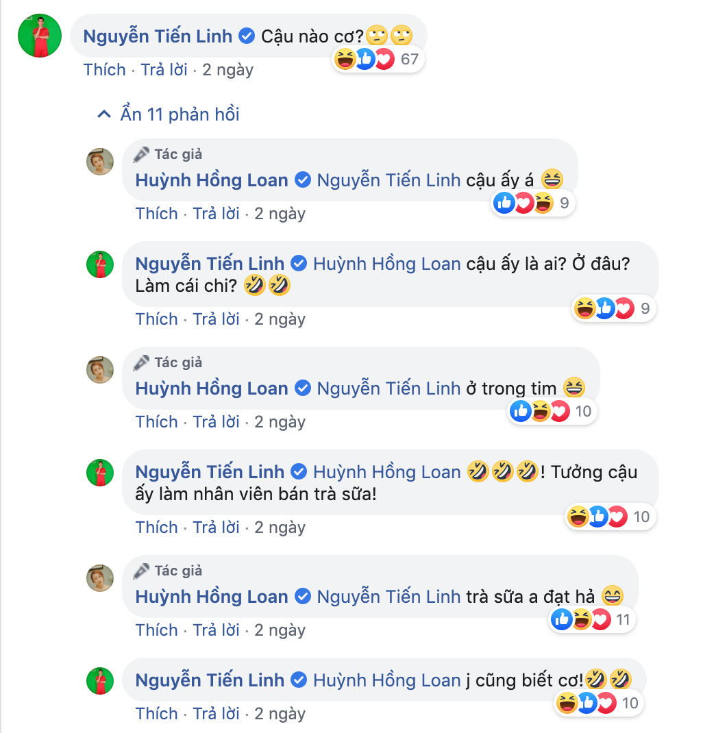 Từ trước Tết Nguyên đán Canh Tý 2020, người hâm mộ đã phát hiện Tiến Linh thường xuyên "thả thính" Huỳnh Hồng Loan trên mạng xã hội. Đáp lại, nữ diễn viên cũng tung hứng cực ăn ý.