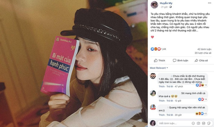 Khi mới bị phát hiện hẹn hò, Huyền My từng đang tải trạng thái: "Có những người yêu nhau 2 năm rồi chia tay, chẳng một cảm giác. Có người yêu nhau chỉ 2 tháng mà lại nhớ thương một đời" được cho rằng đang cà khịa Nhật Lê. Bên dưới bức ảnh, người hâm mộ bức xúc bình luận: "Đời còn dài, chưa biết ngày mai ra sao, đừng vội mừng".
