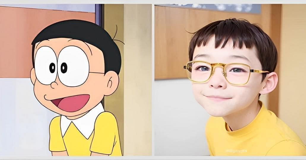 Nobita trong truyện với đôi kính cận choán nửa khuôn mặt, trông hơi ngốc ngếch nhưng lại rất chân thành được thể hiện bằng AI khá giống.