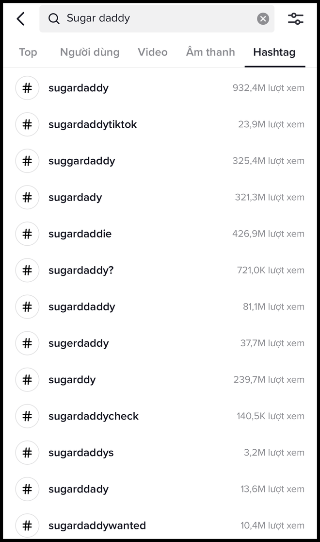 Tìm kiếm trên nền tảng Tiktok, từ khóa "Sugar daddy" có hơn 932 triệu lượt xem.