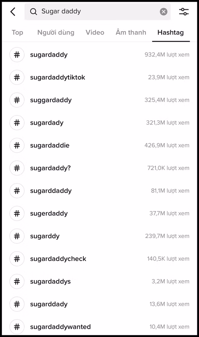 Tìm kiếm trên nền tảng Tiktok, từ khóa "Sugar daddy" có hơn 932 triệu lượt xem.