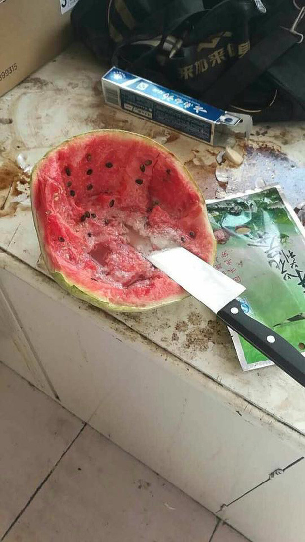 Miếng dưa hấu không biết tồn tại từ bao giờ mà sủi cả bọt lên. Chỉ nhìn hình thôi đã tưởng tượng được ra mùi của chỗ thực phẩm này rồi.