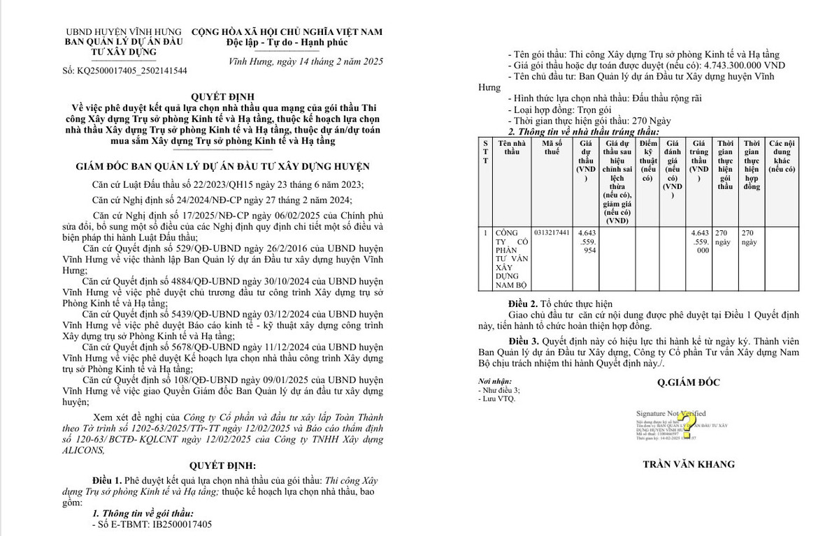 Long An: Cty Nam Bộ thi công xây trụ sở phòng KT&HT huyện Vĩnh Hưng Long An: Cty Nam Bo thi cong xay tru so phong KT&HT huyen Vinh Hung