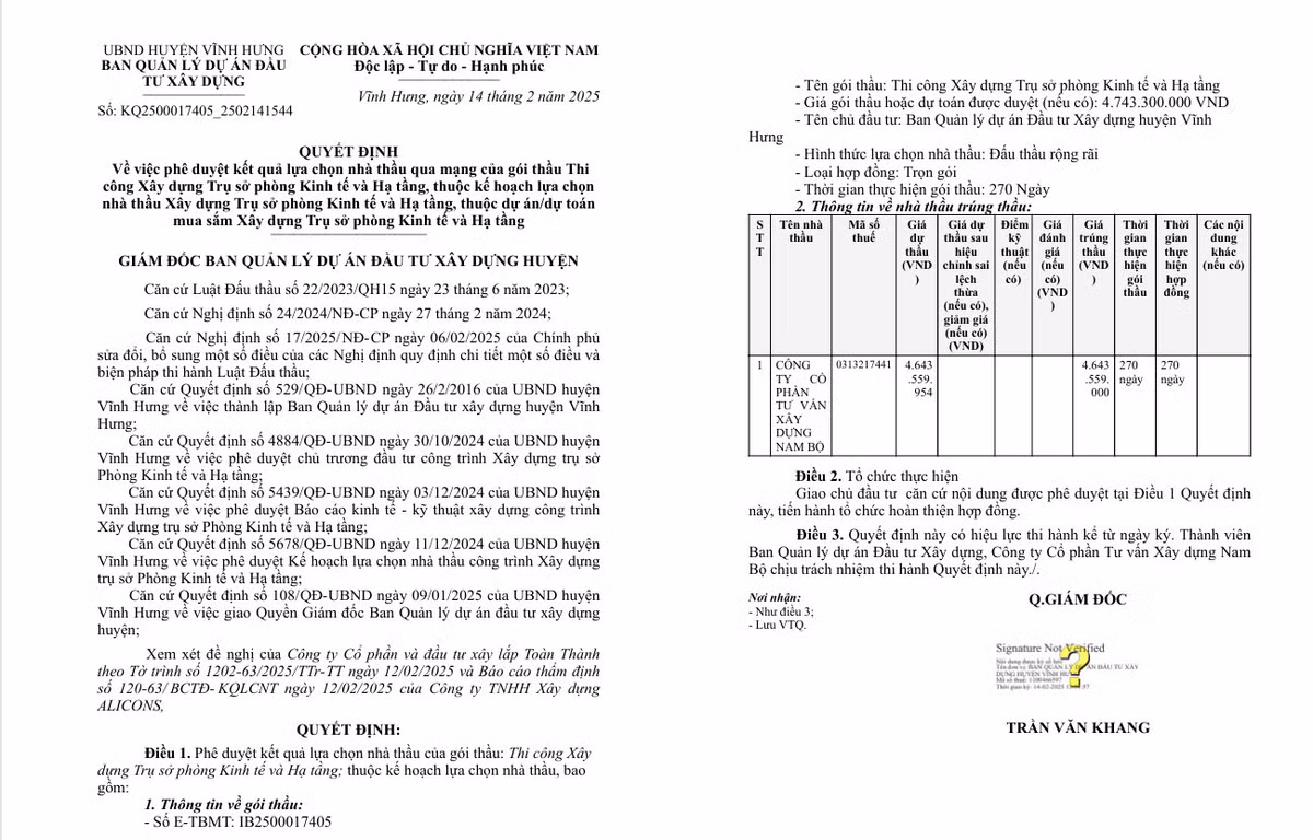 Long An: Cty Nam Bo thi cong xay tru so phong KT&HT huyen Vinh Hung