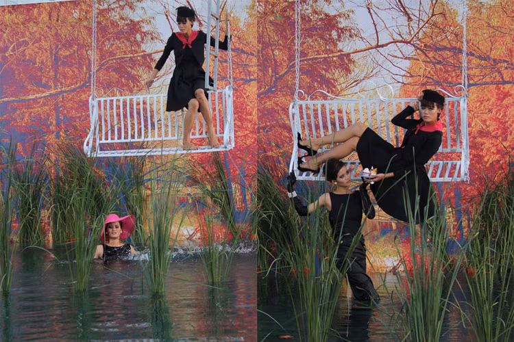 “Cô nàng hot girl” Hương Ly cũng ngã khỏi chiếc xích đu khi cùng bạn diễn Nguyễn Hợp thực hiện buổi chụp hình.