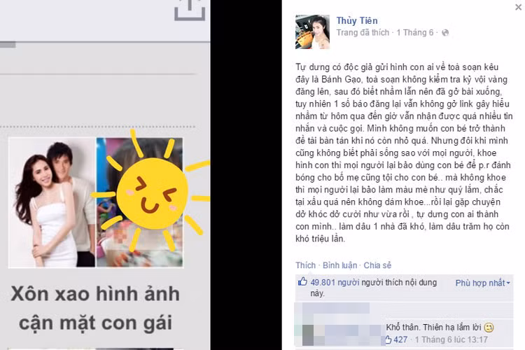 Đó cũng là một trong những lý do khiến hình ảnh con gái Thủy Tiên bị đăng nhầm trong thời gian gần đây. Trước việc này Thủy Tiên tỏ ra vô cùng bức xúc.