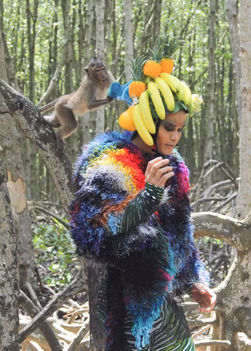 Tại đây, các thí sinh phải chụp ảnh với những “bạn diễn” đặc biệt. Đó là những chú khỉ vô cùng tinh nghịch bị thu hút bởi chiếc nón được gắn nhiều loại trái cây nhiệt đới mà top 11 Vietnam’s Next Top Model đang đội trên đầu.