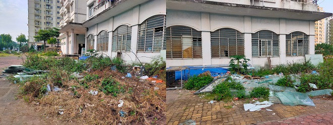 Rác thải xây dựng nằm ngổn ngang trong khuôn viên chung cư tái định cư Khu đô thị mới Sài Đồng. 