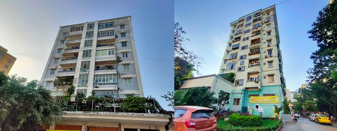 Tại Khu tái định cư Đồng Tàu, dễ thấy tình trạng bên ngoài các tòa nhà sơn bị bong tróc, tường bị nứt nẻ nghiêm trọng.