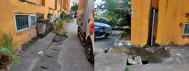 Nhiều hạng mục tại tòa CC2 xuống cấp nghiêm trọng, hệ thống thoát nước sinh hoạt và vệ sinh bị nứt vỡ, bốc mùi, tường đầy rêu mốc, ẩm ướt.