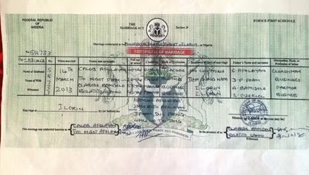 Giấy chứng nhận kết hôn do nước Nigeria cấp giữa bà Ngọt và ông Afolayan Caleb.