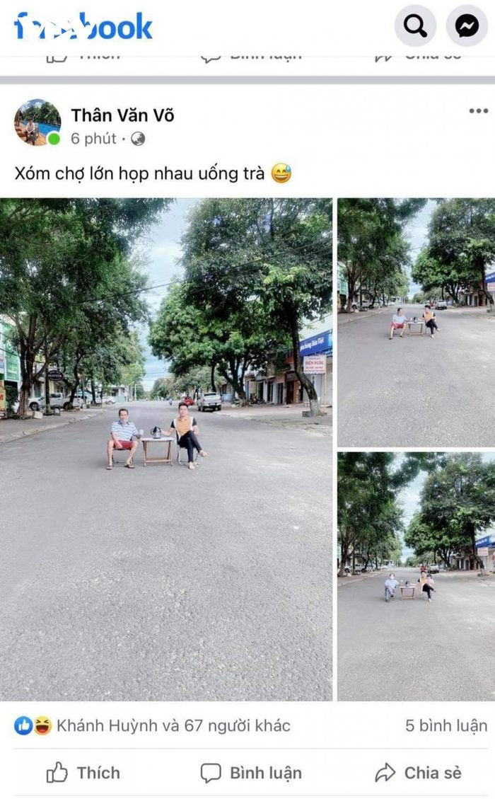  Xử phạt 2 người đàn ông kê bàn giữa đường uống trà: Ngày 6/9, UBND phường Diên Hồng, TP Pleiku (Gia Lai) đã xử phạt hành chính đối với ông Vũ Văn Thân (SN 1987) và Phạm Văn Bảy (SN 1975) cùng trú tại phường Diên Hồng có hành vi không đeo khẩu trang, kê bàn và ngồi giữa đường, chụp ảnh đăng Facebook. 