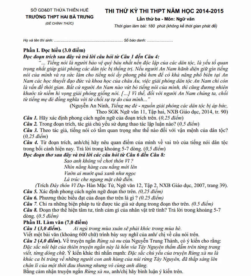 De thi thu THPT quoc gia 2015 mon Ngu Van tinh Thua Thien Hue