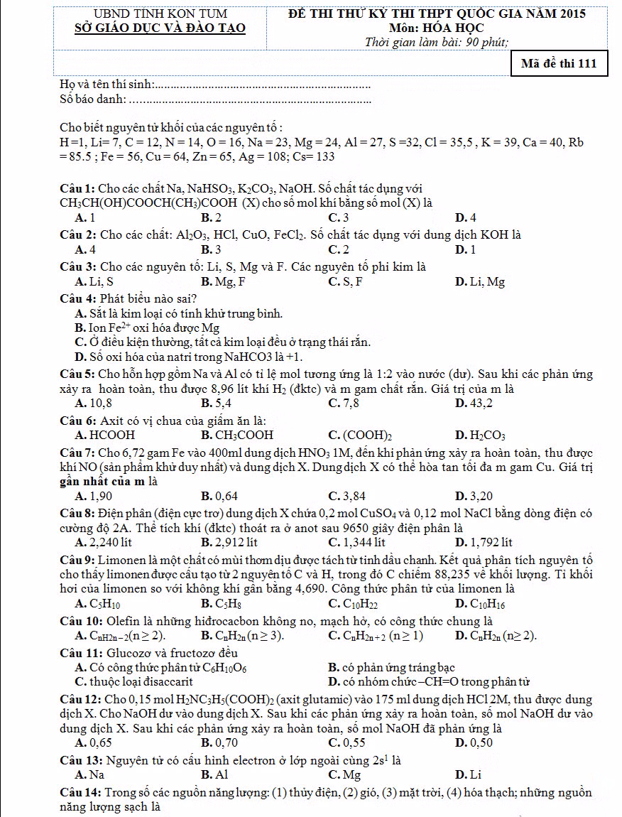 De thi thu THPT quoc gia 2015 mon Hoa hoc tinh Kon Tum va dap an