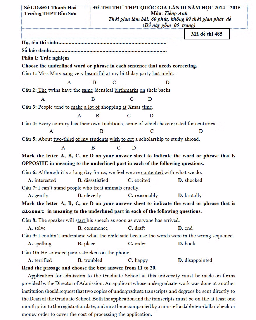 De thi thu THPT quoc gia 2015 mon Tieng Anh THPT Bim Son lan 3