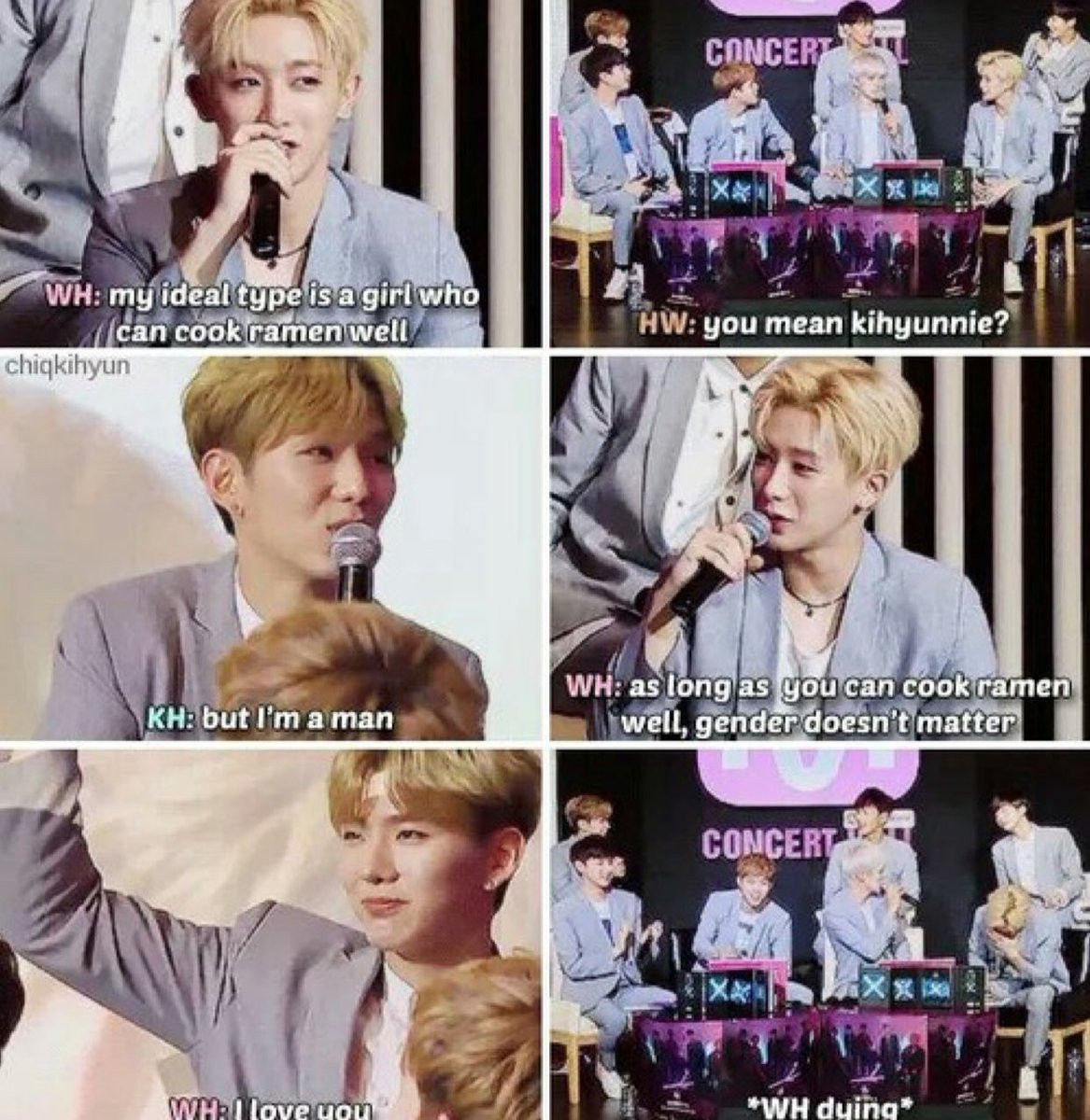Wonho của MONSTA X nói rằng, mẫu người lý tưởng của anh là người có thể nấu ramen thật ngon. Với anh giới tính không quan trọng.