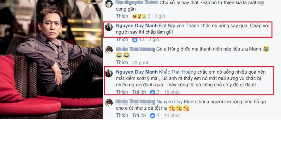 Một người bạn Duy Mạnh còn kể lại việc nam ca sĩ nhờ đưa 2 triệu đồng cho khán giả quá khích đó về mua thuốc uống sau khi bị lực lượng an ninh quán bar cho ăn đòn.