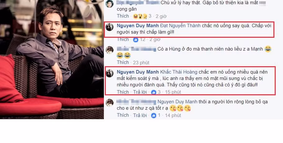 Một người bạn Duy Mạnh còn kể lại việc nam ca sĩ nhờ đưa 2 triệu đồng cho khán giả quá khích đó về mua thuốc uống sau khi bị lực lượng an ninh quán bar cho ăn đòn.