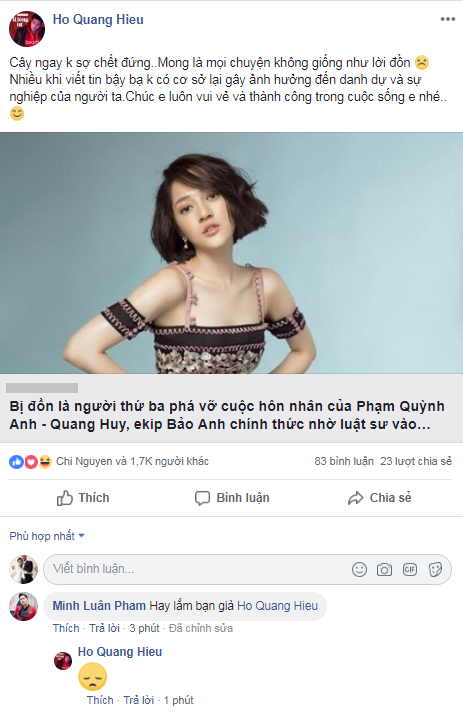 Thậm chí thời gian gần đây, khi Bảo Anh vướng tin đồn là người thứ 3 xen vào cuộc hôn nhân của Phạm Quỳnh Anh - Quang Huy, tình cũ của cô cũng lên tiếng bênh vực.