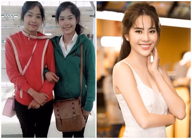 Hoa khôi Nam Em (áo xanh) khi còn là học sinh trung học và của hiện tại có quá nhiều điểm khác biệt. Tạm biệt làn da đen nhẻm, Nam Em lột xác với gương mặt Vline cùng làn da trắng bóc như sứ.