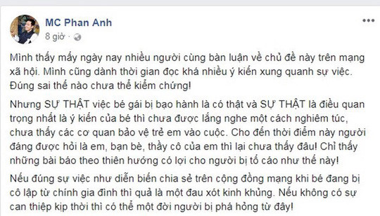 Sau sự việc chưa có hồi kết này, nhiều sao Việt trong đó có MC Phan Anh, nhạc sĩ Nguyễn Văn Chung, nghệ sĩ Vân Dung... lên tiếng bày tỏ sự bức xúc trước thông tin liên quan đến vụ bạo hành. 