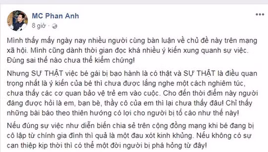 Sau sự việc chưa có hồi kết này, nhiều sao Việt trong đó có MC Phan Anh, nhạc sĩ Nguyễn Văn Chung, nghệ sĩ Vân Dung... lên tiếng bày tỏ sự bức xúc trước thông tin liên quan đến vụ bạo hành. 