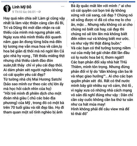 Theo đó, trong khi nhiều người phản đối dữ dội xây dựng nhà hát 1.500 tỷ ở Thủ Thiêm, thì ca sĩ Mỹ Linh bị cho là đi ngược với số đông khi tỏ ý ủng hộ dựng án này, kèm theo đó là quan điểm: "Các bạn phản đối xây nhà hát Thủ Thiêm, mình tôn trọng. Nhưng đừng phản đối vì lý do "dân không cần ba-lê và nhạc giao hưởng". Ai cho các bạn quyền phán xét đó".