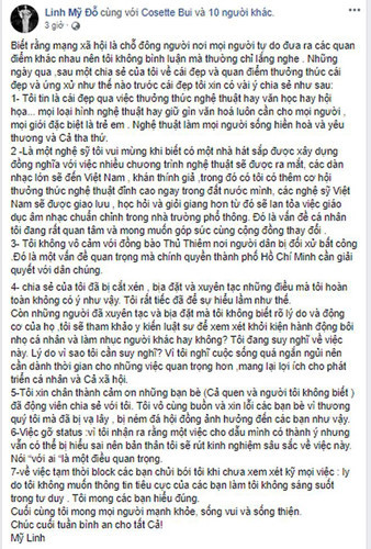 Trước áp lực từ cộng đồng mạng, nữ diva đã gỡ dòng trạng thái gây tranh cãi, thay vào đó là một bài giải thích. Từ sự việc này, Mỹ Linh cũng nhận ra rằng: "Một việc cho dù mình có thành ý nhưng vẫn có thể bị hiểu sai nên bản thân tôi sẽ rút kinh nghiệm sâu sắc về việc này".