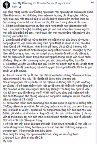 Trước áp lực từ cộng đồng mạng, nữ diva đã gỡ dòng trạng thái gây tranh cãi, thay vào đó là một bài giải thích. Từ sự việc này, Mỹ Linh cũng nhận ra rằng: "Một việc cho dù mình có thành ý nhưng vẫn có thể bị hiểu sai nên bản thân tôi sẽ rút kinh nghiệm sâu sắc về việc này".