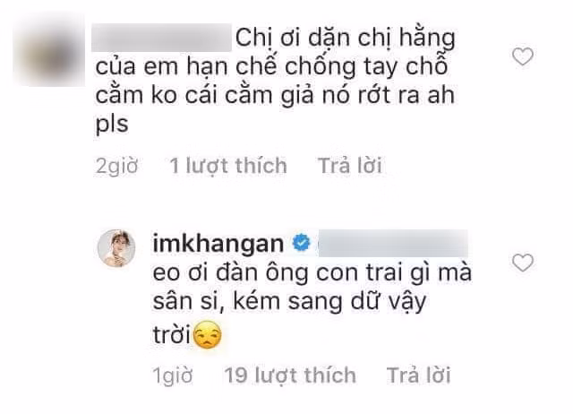 Khả Ngân bênh vực Minh Hằng, đáp trả anti-fan: "Eo ơi, đàn ông con trai gì mà sân si, kém sang dữ vậy trời", để đáp trả lời nói vô duyên của cư dân mạng dành cho "đàn chị".