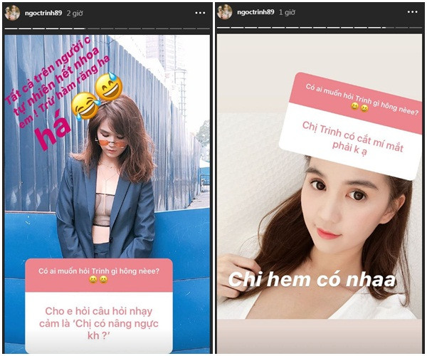 Trước đó không lâu, khi được một người hâm đặt câu hỏi trên Instagram: "Chị có nâng ngực không?", chân dài thắng thắn đáp lại: "Tất cả trên người chị tự nhiên hết nha em, chỉ trừ hàm răng".
