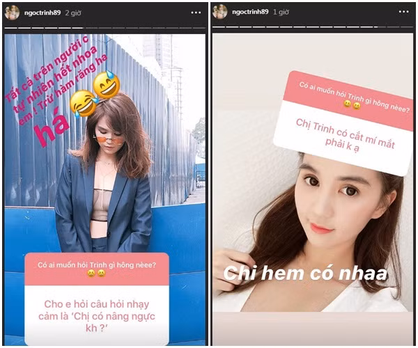 Trước đó không lâu, khi được một người hâm đặt câu hỏi trên Instagram: "Chị có nâng ngực không?", chân dài thắng thắn đáp lại: "Tất cả trên người chị tự nhiên hết nha em, chỉ trừ hàm răng".