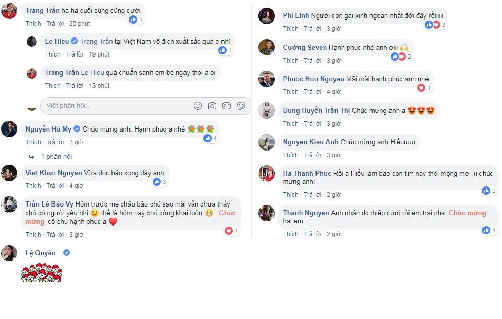 Dưới bức ảnh này, anh chị em bạn bè đồng nghiệp của giọng ca "Con đường màu xanh" thi nhau gửi lời chúc phúc tới nam ca sĩ. MC Phí Linh còn khen vợ sắp cưới của Lê Hiếu là "người con gái xinh ngoan nhất trên đời đây rồi".