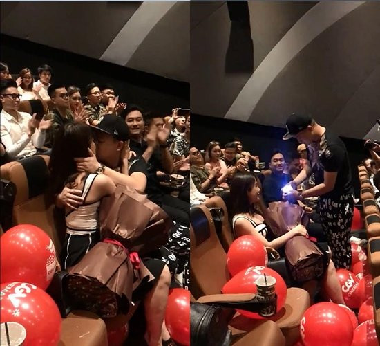 Diệp Lâm Anh vỡ òa hạnh phúc khi được bạn trai cầu hôn tại rạp chiếu phim trước sự chứng kiến của mọi người.