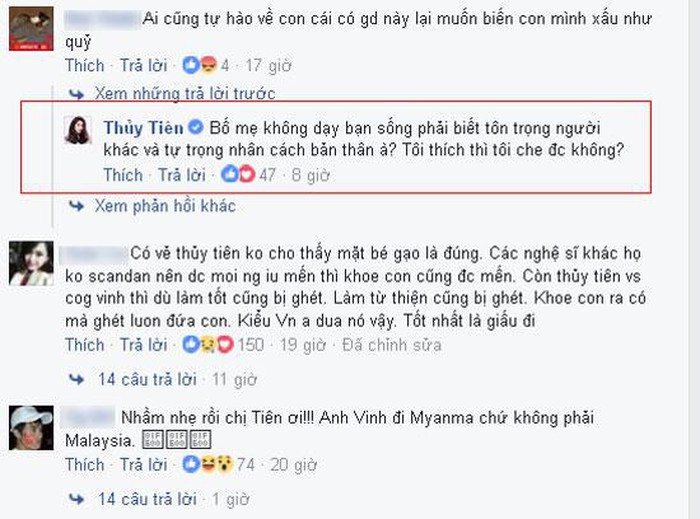 Nữ ca sĩ đáp trả: “Bố mẹ không dạy bạn sống phải biết tôn trọng người khác và tự trọng nhân cách bản thân à? Tôi thích thì tôi che được không?”.