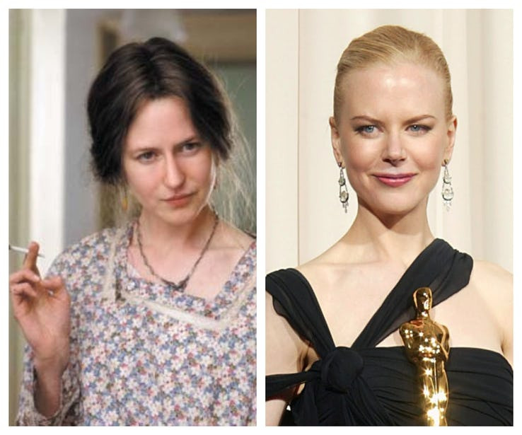 Để nhập vai Virginia Woolf trong phim The Hours, Nicole Kidman phải đắp một cái mũi giả, nhuộm tóc nâu… khiến mọi đường nét xinh đẹp của cô đều thay đổi.