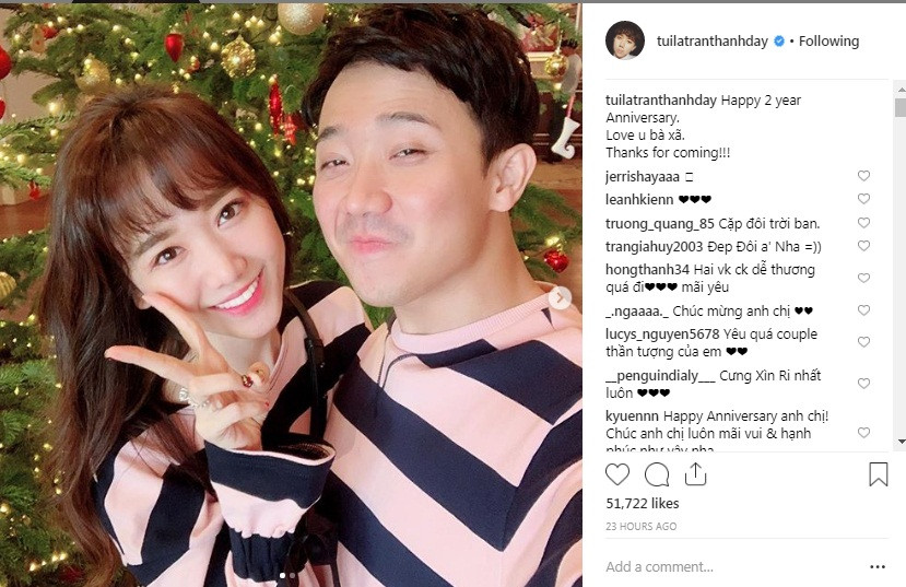 Nhân kỷ niệm 2 năm kết hôn, nam danh hài đã chia sẻ hình ảnh hai vợ chồng kèm lời nhắn nhủ ngọt ngào tới bà xã: "Happy 2 year anniversary. Love you bà xã! Thanks for coming!" (Tạm dịch: Chúc mừng kỷ niệm 2 năm ngày cưới. Yêu em, bà xã! Cảm ơn em đã đến bên anh). Ảnh: Instagram.
