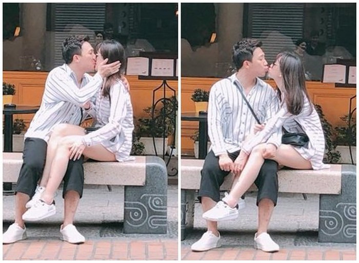 Đến lượt Trấn Thành "cưỡng hôn" bà xã Hari Won trên phố.