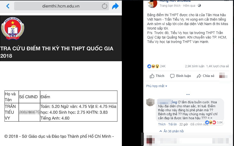 Chính vì thế không lâu sau khi đăng quang, Hoa hậu Trần Tiểu Vy đã làm dấy lên nhiều tranh cãi khi trên mạng xã hội lan truyền bảng điểm thi THPT đa số dưới 5 được cho là của tân Hoa hậu Việt Nam.