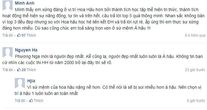 Mặc dù nhận được nhiều lời khen cả về nhan sắc lẫn trí tuệ nhưng Phương Nga khiến nhiều người tiếc nuối khi chỉ dừng ở ngôi vị Á hậu 1.