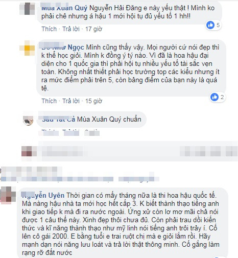 Nhiều người còn lo ngại với điểm tiếng Anh thấp như vậy, Tiểu Vy càng phải cố gắng trau dồi hơn nữa. Bởi chỉ còn vài tháng nữa là cô đặt chân tới đấu trường nhan sắc Hoa hậu Thế giới. Tuy vậy, những người yêu mến tân HHVN tin tưởng cô sẽ làm được những điều mà họ đang kỳ vọng.