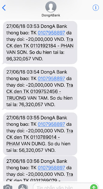 Thông báo số dư tài khoản của chị Duyên vừa mất 116 triệu tại DongA Bank. Ảnh: Dân Việt.