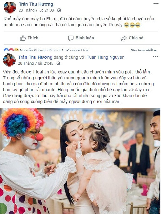 Dù khi đăng tải Thu Hương cho biết đó không phải là câu chuyện của gia đình mình nhưng status đó vẫn nhanh chóng làm dấy lên tin đồn ca sĩ Tuấn Hưng ngoại tình. Những tin đồn ác ý đi quá xa khiến bà xã Tuấn Hưng phải lên tiếng phủ nhận.