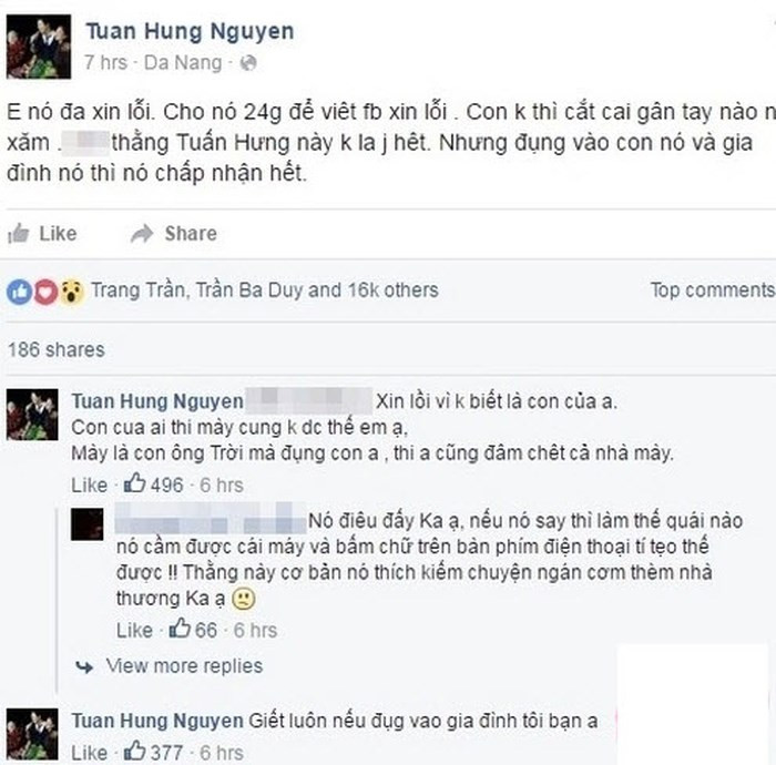 Thậm chí người này còn bị nam ca sĩ còn dọa sẽ “cắt gân tay”nếu dám đụng tới con trai và gia đình mình. Lời đe dọa của Tuấn Hưng đã nhận nhiều phản ứng trái chiều. Tuy nhiên anh cho rằng: "Đừng nói rằng ca sĩ thì phải im lặng, im để các bạn ngồi lên đầu, muốn làm gì nói gì thì làm à?".