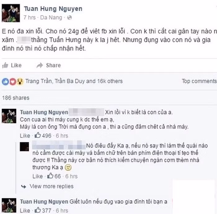 Thậm chí người này còn bị nam ca sĩ còn dọa sẽ “cắt gân tay”nếu dám đụng tới con trai và gia đình mình. Lời đe dọa của Tuấn Hưng đã nhận nhiều phản ứng trái chiều. Tuy nhiên anh cho rằng: "Đừng nói rằng ca sĩ thì phải im lặng, im để các bạn ngồi lên đầu, muốn làm gì nói gì thì làm à?".