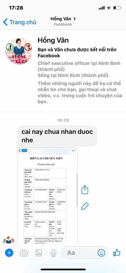 Ngoài chia sẻ dòng trạng thái cảnh báo, Hồng Vân còn chụp ảnh màn hình trang Facebook được cho là giả mạo cùng tin nhắn với những nhà hảo tâm.
