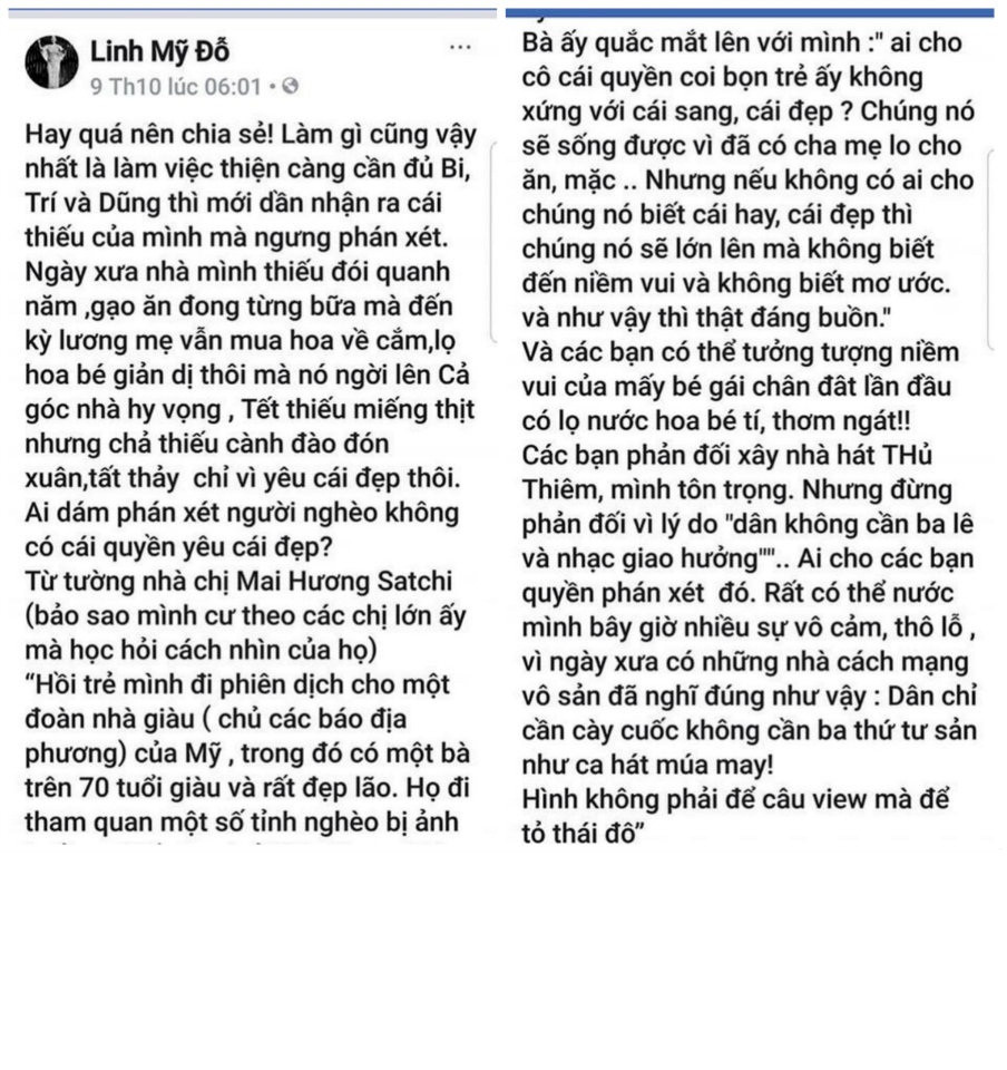 Theo đó, trong khi nhiều người phản đối dữ dội xây dựng nhà hát 1.500 tỷ ở Thủ Thiêm, thì ca sĩ Mỹ Linh bị cho là đi ngược với số đông khi tỏ ý ủng hộ dựng án này, kèm theo đó là quan điểm: "Các bạn phản đối xây nhà hát Thủ Thiêm, mình tôn trọng. Nhưng đừng phản đối vì lý do "dân không cần ba-lê và nhạc giao hưởng". Ai cho các bạn quyền phán xét đó". Từ quan điểm đó mà nữ diva nhận nhiều ý kiến trái chiều từ phía cộng đồng. Thậm chí, cô còn bị cho là vô cảm trước cuộc sống của bà con tại Thủ Thiêm.